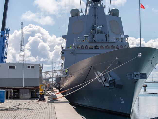 ASC Shipbuilding managing director Craig Lockhart and Australian Naval Infrastructure Managing Director and CEO David Knox oversee the progress of construction at the Osborne Shipyards expansion. NUSHIP Sydney (the third and final Air Warfare Destroyer)  . Picture: Brad Fleet