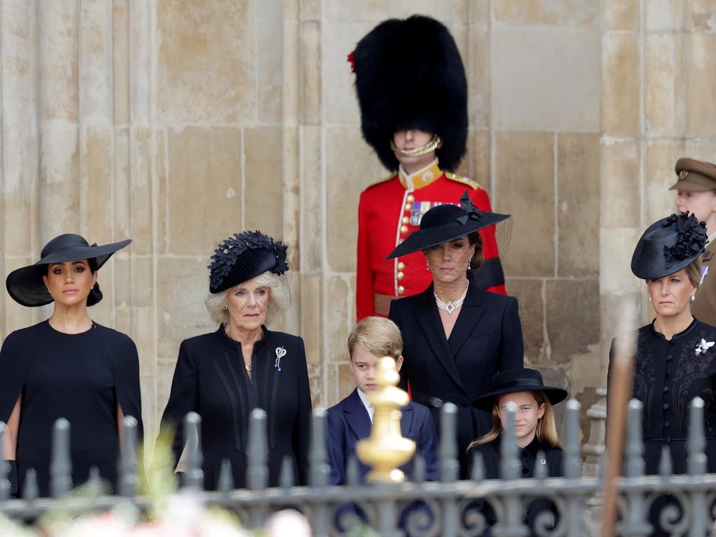 Meghan Markle, Camilla, Queen Consort, Prince George, Catherine, Princess of Wales, Princess Charlotte and Sophie, Countess of Wessex.