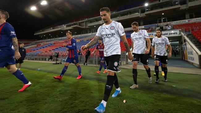 Jamie Maclaren of Melbourne City walks out to start the game during the round 26 A-League match at McDonald Jones Stadium on Monday. Picture: Getty