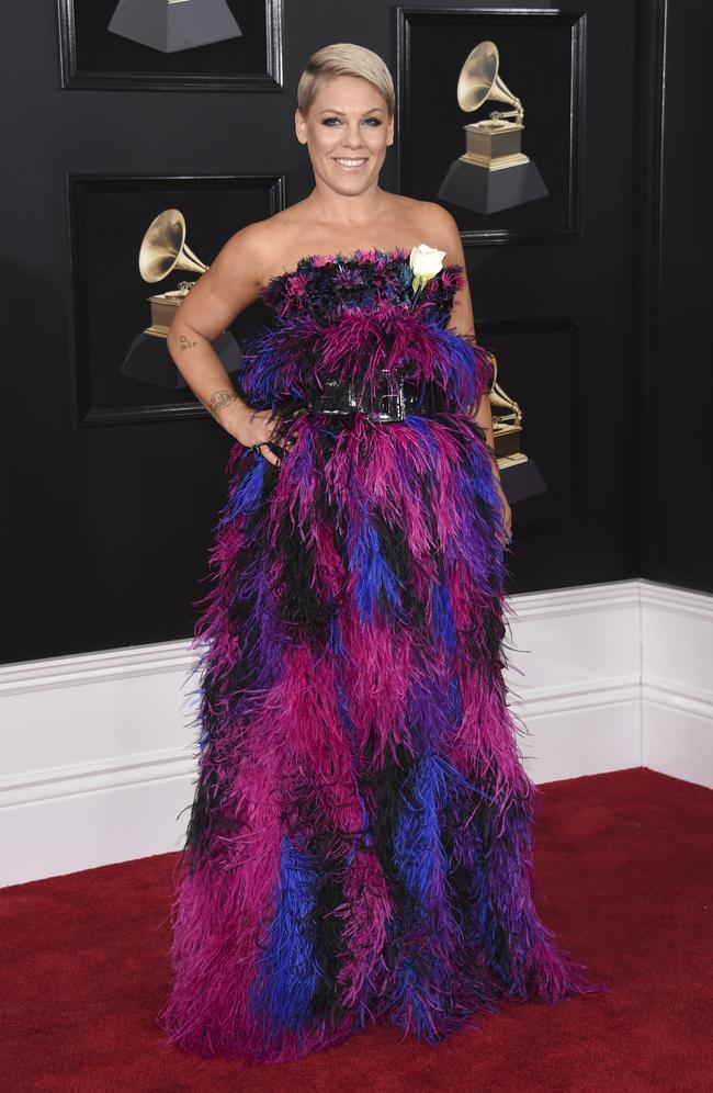 Pink arrives at the 60th annual Grammy Awards at Madison Square Garden on Sunday, Jan. 28, 2018, in New York. Picture: Evan Agostini/Invision/AP