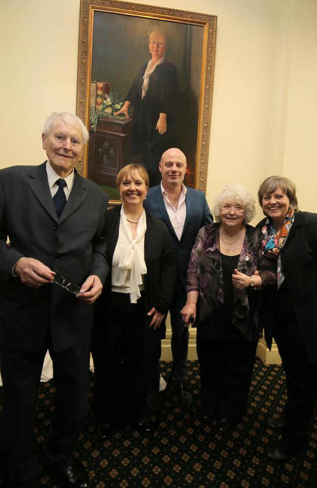 Lara Giddings with her partner Ian Magill, father Richard Giddings, left, mother Lynn Giddings and sister Sonya deLacey at the unveiling of her official portrait at Parliament House. Picture: RICHARD JUPE