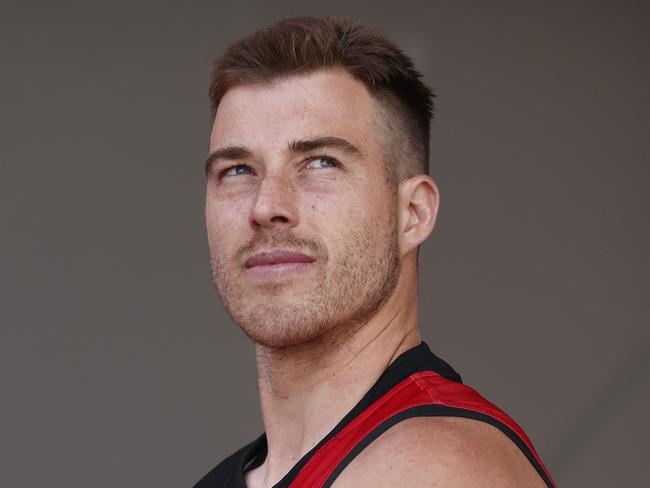 MELBOURNE, AUSTRALIA – FEBRUARY 26: Zach Merrett of the Bombers poses for a photograph during 2024 AFL Captain's Day at Marvel Stadium on February 26, 2024 in Melbourne, Australia. (Photo by Daniel Pockett/Getty Images)