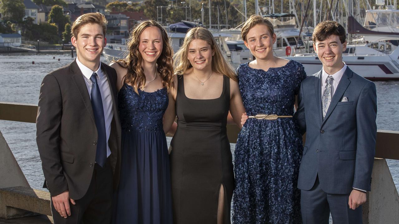 Gus Roberts, Isabelle Walls, Mikayla Browne, Jasmine Power and Jake Wilkinson at St Michael's Collegiate School leavers dinner at Wrest Point. Picture: Chris Kidd