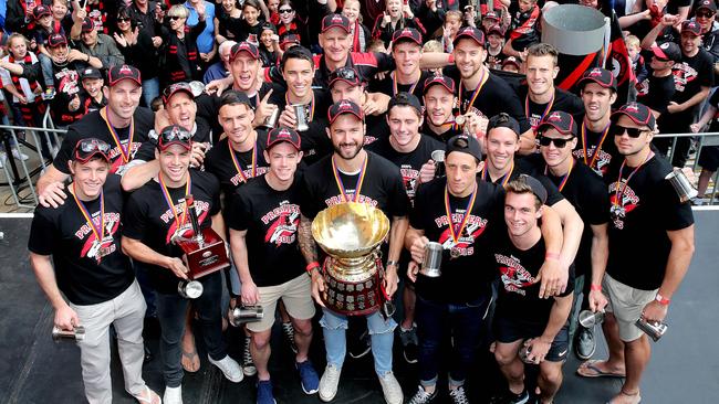 Hugh Haysman (third from left) with Bloods teammates at the West End Brewery chimney colours unveiling for the 2015 SANFL premiership. Picture: Calum Robertson