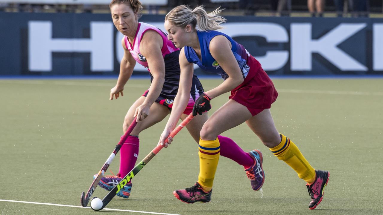 Rachel Macready, Toowoomba and Cassidy Knuth, Brisbane. Toowoomba 1 vs Brisbane. Hockey Queensland Championship at Clyde Park, Toowoomba. Saturday, May 1, 2021. Picture: Nev Madsen.