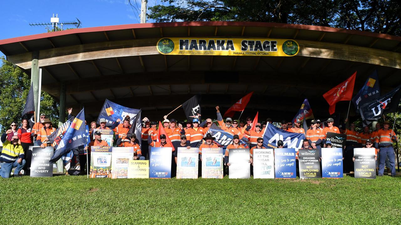 Unionised employees from Wilmar Sugar and Renewables’ Victoria and Macknade mills in Herbert River on strike in Ingham on Tuesday morning. Picture: Cameron Bates