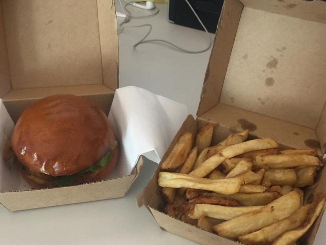 Cafe Vue Wagyu beef Burger and chips came in separate boxes. Picture: Supplied.