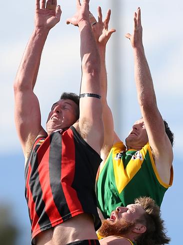 Gippsland Football League Grand Final match between Maffra Eagles and Leongatha Parrots. Maffra became the 2016 premiers, defeating Leongatha 13.10 (88) to 9. 16 (67). Trent Knobel and Hayden Browne take eachother on for a high flying mark. Picture: Yuri Kouzmin