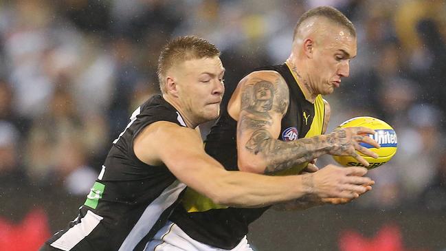 Will Jordan De Goey nail Dustin Martin tonight? Picture: Michael Klein