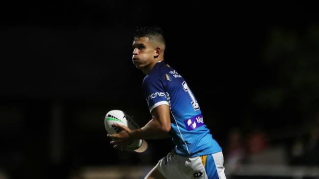 Gold Coast Titans fullback Jayden Campbell runs the ball during a pre-season trial against Burleigh Bears at Pizzey Park. February 20, 2021. Photo Jason O'Brien