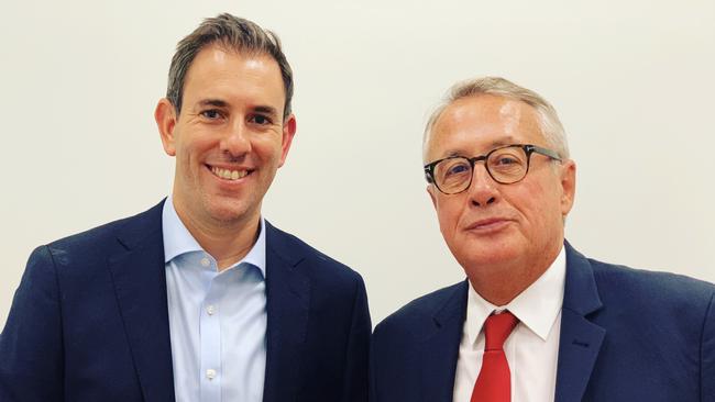 Treasurer Jim Chalmers with former treasurer and Cbus chair Wayne Swan.