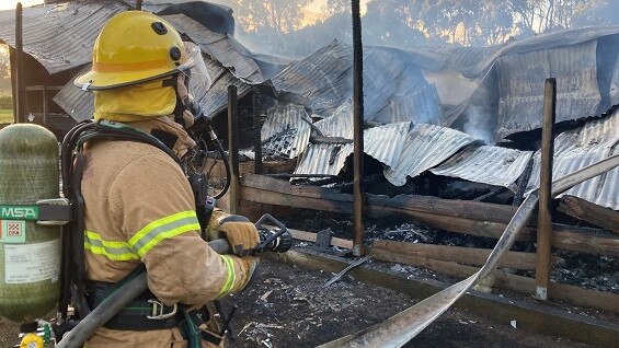 The rural home and shed was completely ablaze when Country Fire Authority crews arrived at the Bridgewater-Dunolly Rd property at 11.55pm on Tuesday March 30. Picture: CFA