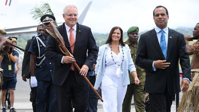 Australian Prime Minister Scott Morrison and Mrs Morrison are greeted by Vanuatu Minister of Foreign Affairs Ralph Regenvanu. Picture: AAP