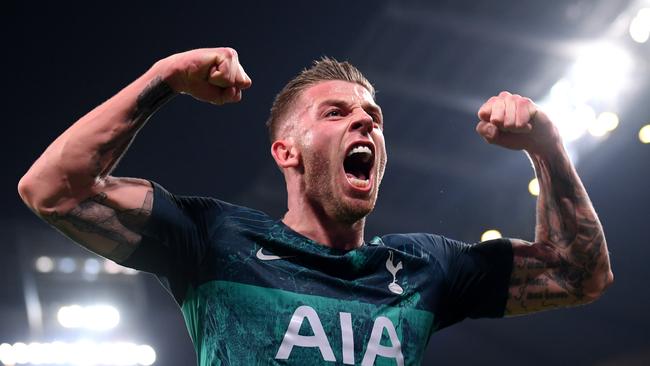 Tottenham defender Toby Alderweireld celebrates his team’s qualification for the Champions League semi-finals, despite a 4-3 loss to Manchester City. Picture: Getty Images