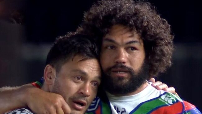 A teary Brisbane Broncos captain Alex Glenn was consoled by former teammate Adam Blair after losing to the Warriors in Round 8.