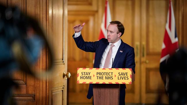 Britain’s Health Secretary Matt Hancock speaks at a remote press conference to update the nation on the COVID-19 pandemic. Picture: 10 Downing Street