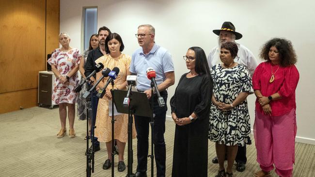 Prime Minister Anthony Albanese holds a press conference in Alice Springs after meeting with local leaders and Chief Minister Natasha Fyles. Picture: Liam Mendes / The Australian