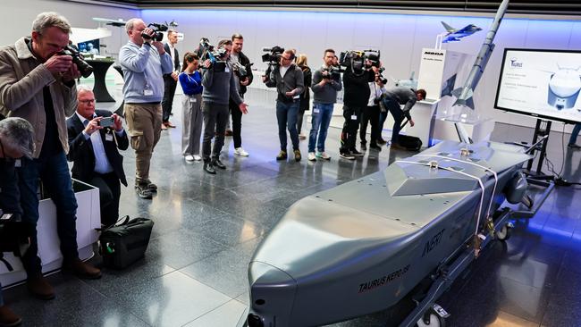 A Taurus cruise missile displayed during a visit by Bavarian Premier Markus Soeder to a production facility in Schrobenhausen, Germany. Picture: Getty Images