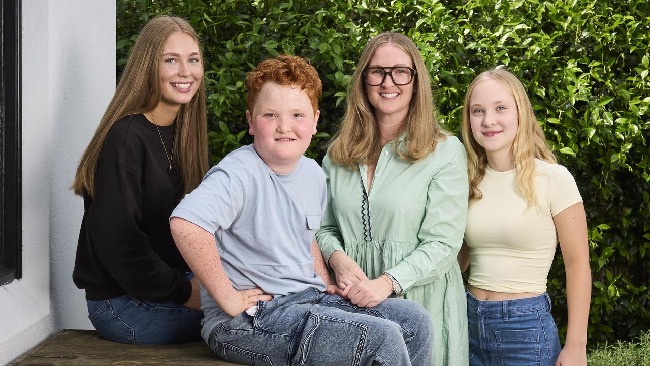 The Glastonburys - Coco, 15, Frank, 10, mum Sami, and Gigi, 12, and at home. Picture: Matt Loxton