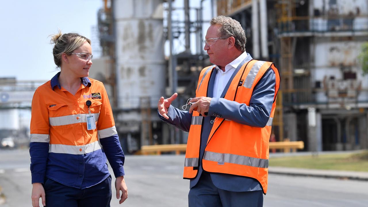 Incitec Pivot worker Christie Rossi chats with Andrew Forrest at Incitec’s Gibson Island facility. Picture: AAP