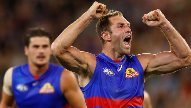 Travis Cloke celebrates a goal during his stint with the Western Bulldogs. Picture: Getty Images.