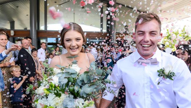 Fleurieu couple Claire Field, 22, and Tristen McArdle, 25 in their last minute wedding at McLaren Vale Function Centre. Picture: Brenton Edwards