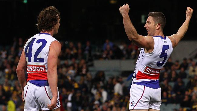 Matthew Boyd and Liam Picken celebrate their Thursday night finals win last year. Picture: Getty Images