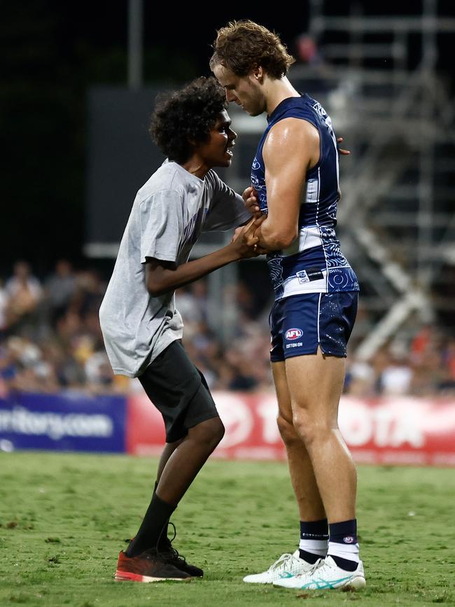 The incident with the supporter and Jake Kolodjashnij. (Photo by Michael Willson/AFL Photos via Getty Images)