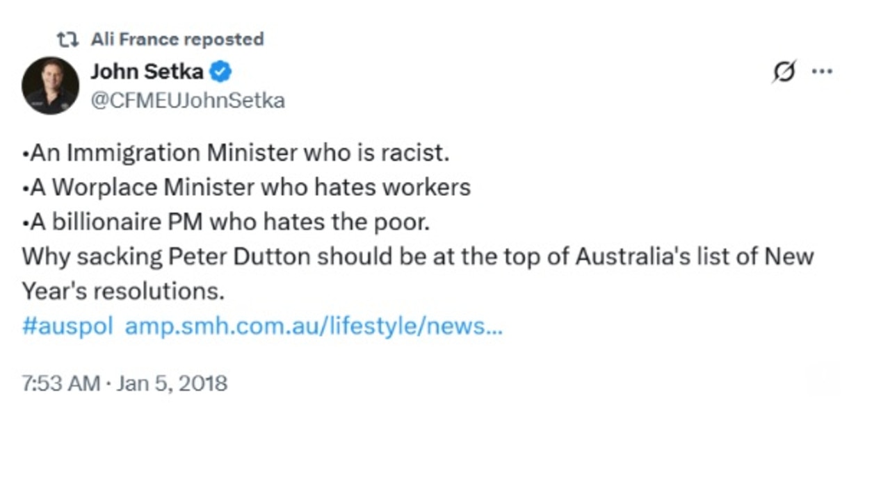 Ali France retweeting John Setka’s attack on Peter Dutton.