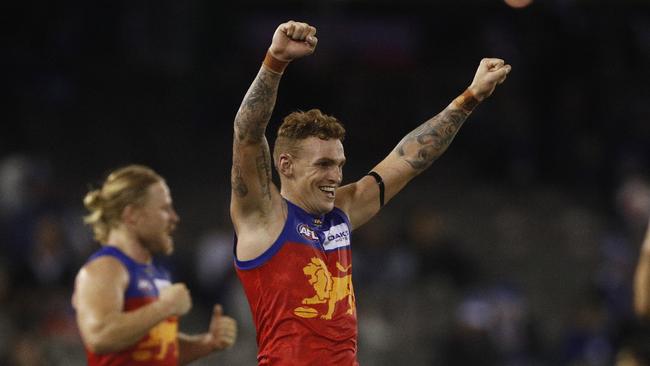 Mitch Robinson of the Lions celebrates after the Round 2 AFL match between the North Melbourne Kangaroos and the Brisbane Lions at Marvel Stadium, Melbourne, Sunday, March 31, 2019. (AAP Image/Daniel Pockett) NO ARCHIVING, EDITORIAL USE ONLY