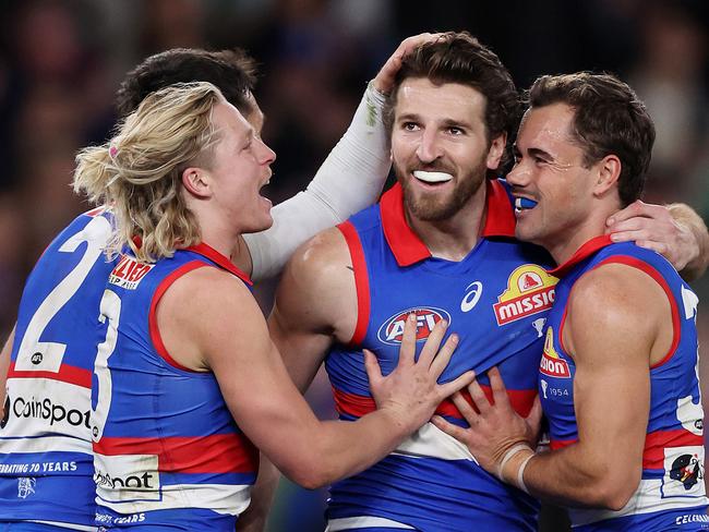 MELBOURNE, AUGUST 2, 2024: 2024 AFL Football - Round 21 - Western Bulldogs V Melbourne Demons at Marvel Stadium. Marcus Bontempelli of the Bulldogs celebrates a goal. Picture: Mark Stewart