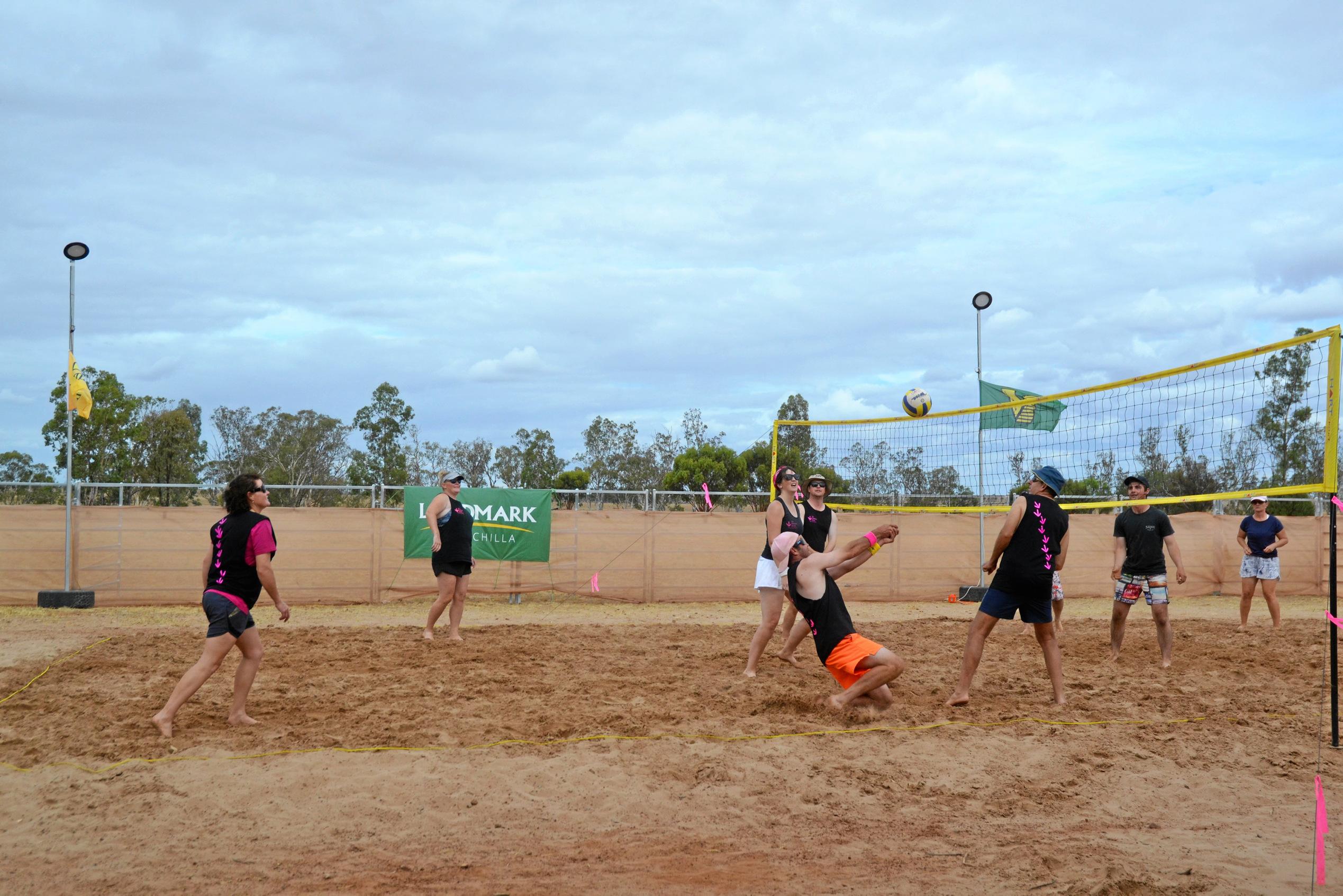 Digging deep at the Dulacca Sports Club annual Bush Beach Volleyball tournament. Picture: Kate McCormack