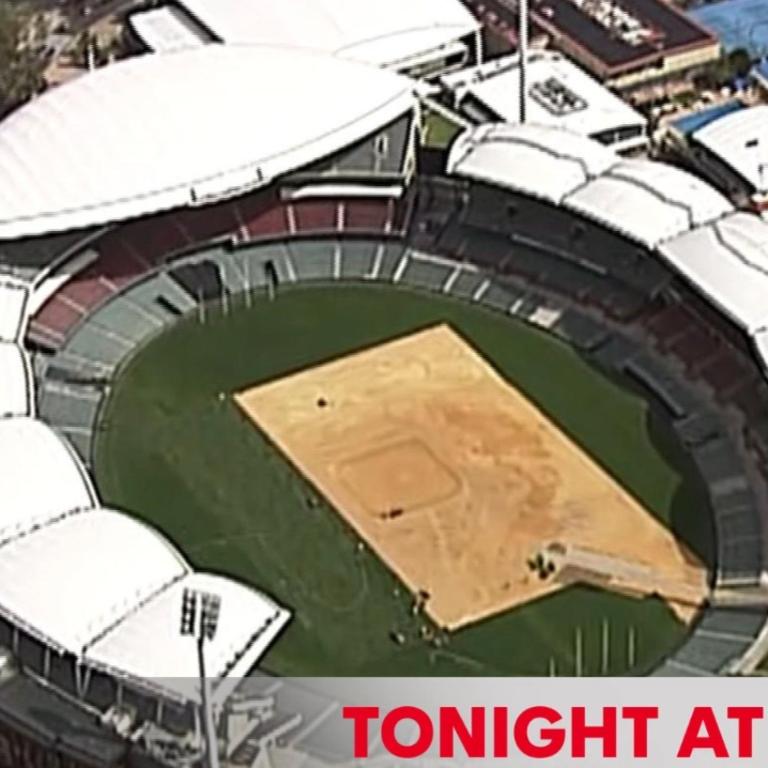 An aerial view shows a significant area of turf being replaced. Picture: 7NEWS