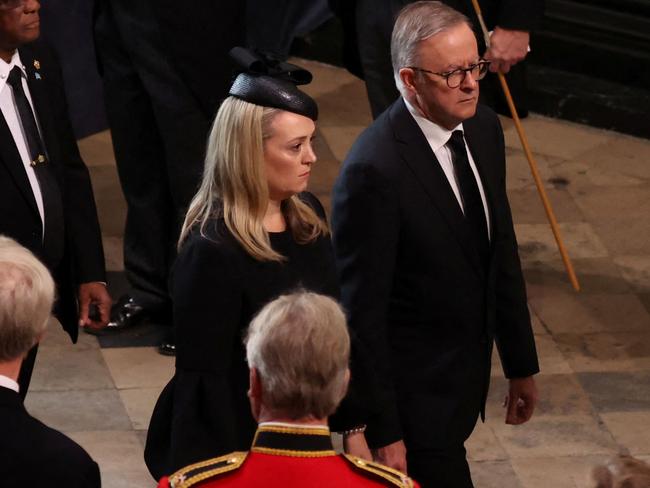 Jodie Haydon with Anthony Albanese at the funeral of Queen Elizabeth II at Westminster Abbey. Picture: Getty Images