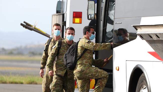 ADF members from Townsville arrive in Hobart to assist with the arrival of seasonal workers from Timor-Leste and the scheduled chartered flight from India. Picture: NIKKI DAVIS-JONES