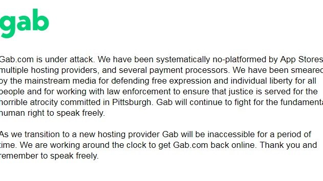 Twitter alternative Gab.com has gone offline following criticism it did not take action earlier against the man accused of multiple killings at the Tree of Life building in Pittsburgh.