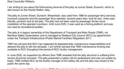 An excerpt from Transport Minister Mark Bailey’s letter to Mayor Karen Williams.