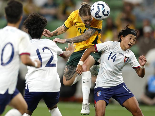 Sharn Freier gets up for a header during the Matildas’ win against Chinese Taipei. Picture: Getty Images