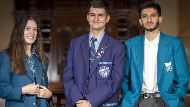 South Australian Teen parliament members and scholarship awardees India Ciura, Adrian Niculescu and Mobin Achakzai. Picture Emma Brasier