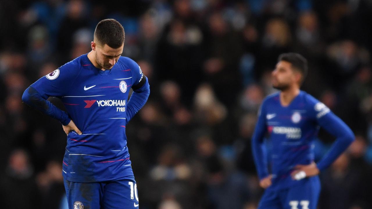 Eden Hazard of Chelsea looks dejected following the City hammering.