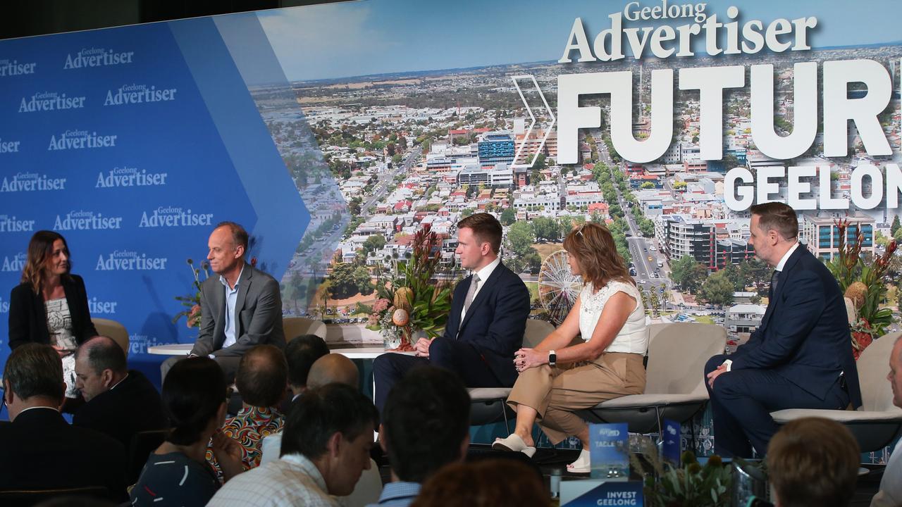 Geelong Advertiser editor Nadja Fleet puts questions to panellists Scott Wyatt, Trent Sullivan, Jo Plummer and Brett Winter. Picture: Alan Barber.