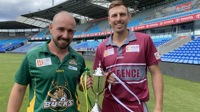 New Town master blaster Anthony Mosca and Clarence paceman Sam Rainbird with the CTPL Twenty20 trophy. Picture James Bresnehan