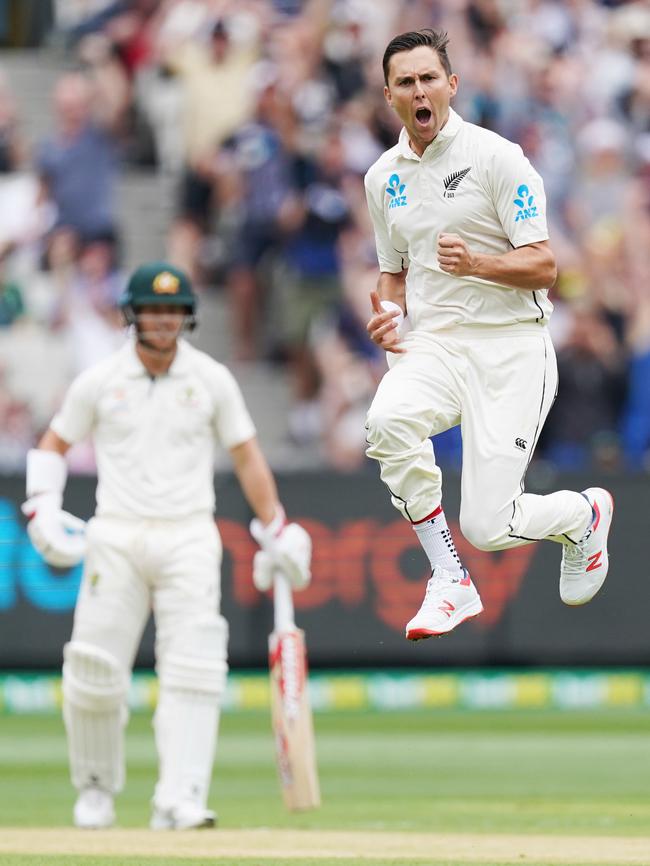 You think Trent Boult was happy after dismissing Joe Burns? Picture: AAP