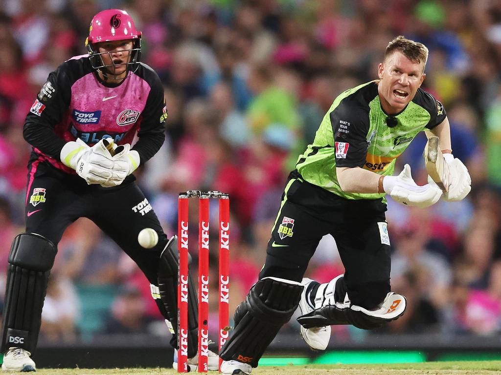 David Warner of the Thunder bats during the BBL match between Sydney Sixers and Sydney Thunder in January 2024. Picture: Matt King/Getty Images