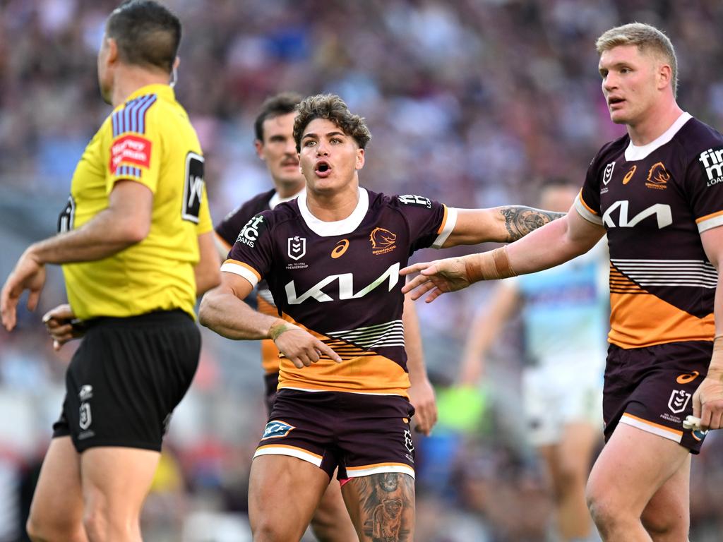 Reece Walsh blows up at the referee. Picture: NRL Photos