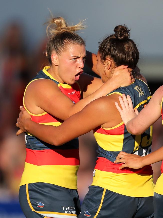 Ebony Marinoff celebrates a Ruth Wallace goal at Norwood Oval last year. Photo: AFL Media