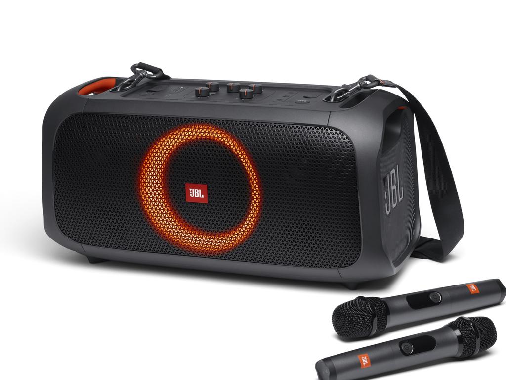 The JBL PartyBox On-The-Go features lights that move the music you play through it.