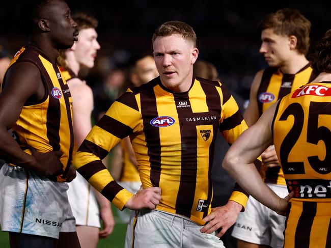 ADELAIDE, AUSTRALIA - SEPTEMBER 13: James Sicily of the Hawks looks dejected after a loss during the 2024 AFL Second Semi Final match between the Port Adelaide Power and the Hawthorn Hawks at Adelaide Oval on September 13, 2024 in Adelaide, Australia. (Photo by Michael Willson/AFL Photos via Getty Images)