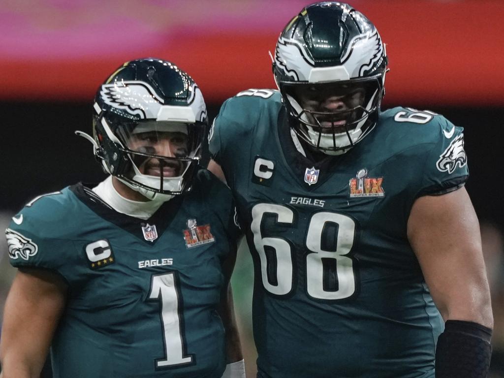 Mailata and Eagles QB Jalen Hurts. Picture: AP Photo/Matt Slocum