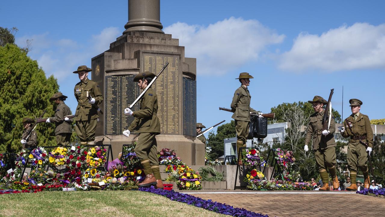 The changing of the Toowoomba Grammar School Honour Guard at the Anzac Day Toowoomba mid-morning Service of Remembrance at the Mothers' Memorial, Tuesday, April 25, 2023. Picture: Kevin Farmer